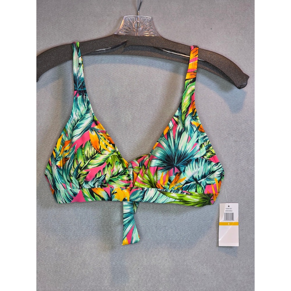 Clean Water Tropical Palm Print Front Tie Bikini Top Green Pink Orange Small NWT